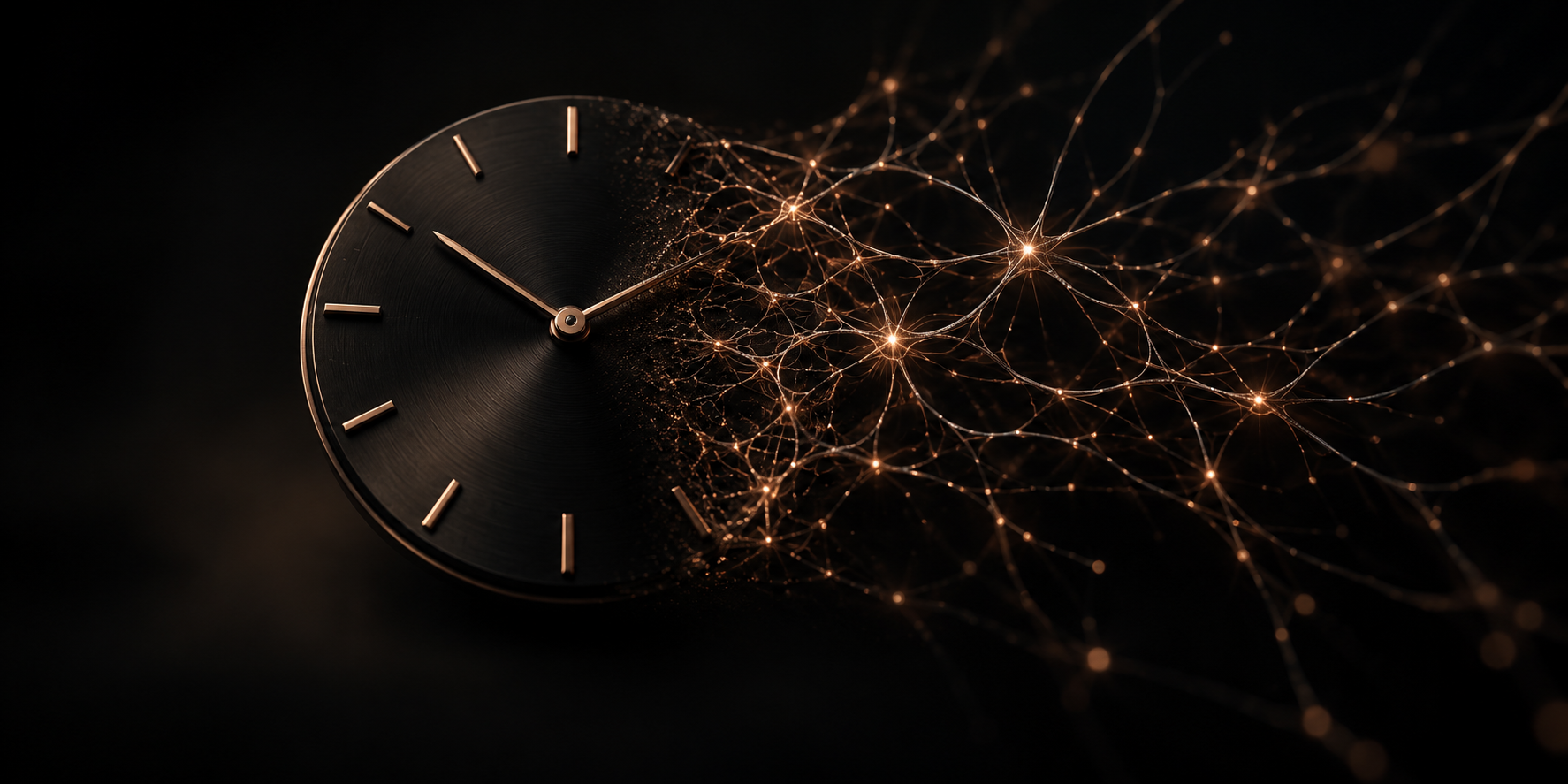 Cadran de montre noir aux index bronze se prolongeant en un réseau de connexions neuronales lumineuses